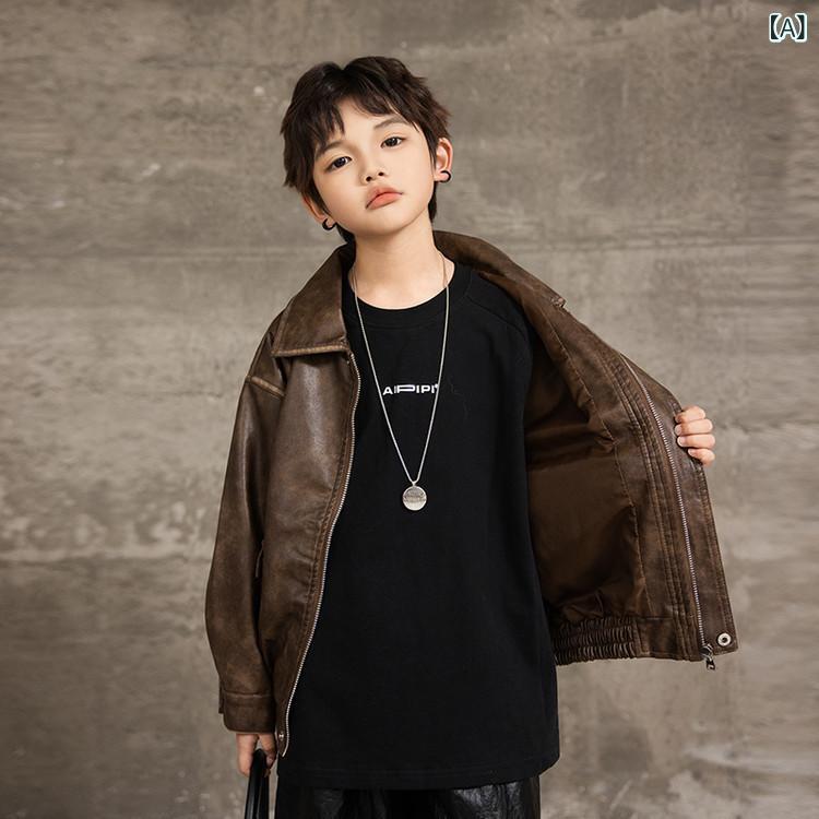ジャケット 男の子 秋冬 レザー おしゃれ 韓国 合成皮革 厚手 カジュアル 長袖 ショート丈 ブラック ブラウン グリーン