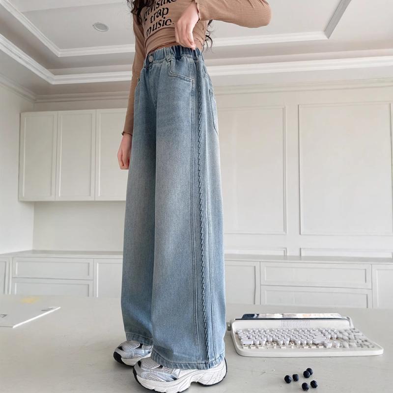 デニムパンツ 女の子 子供 ワイドレッグ ストレート 綿素材 柔らかい 酵素ウォッシュ 中腰 ゴムウエス..
