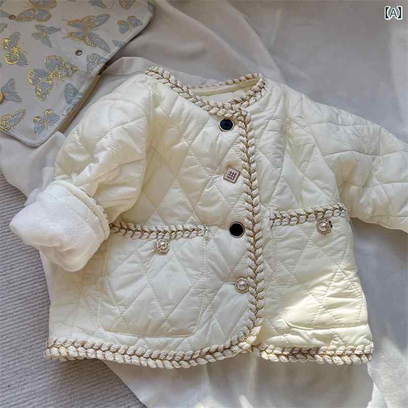 女の子 秋冬 コート 保暖 厚手 ショート丈 綿入り アウター 柔らかい ポリエステル 無地 チェック柄 白 黒 保温 子供服 暖か 冬用 柔軟 シングルボタン...