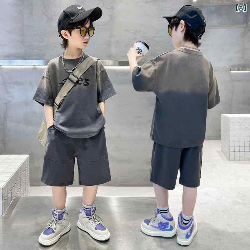 男の子 半袖 Tシャツ ショートパンツ セット 韓国 カジュアル 薄手 綿混 グレー アルファベット柄 春夏..