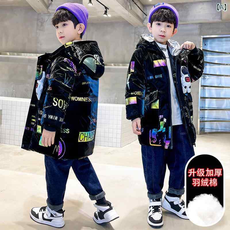 ダウンコート 男の子 秋冬 厚手 フード付き 暖か 柔らかい ポリエステル ブラック グリーン カートゥーン プリント おしゃれ 韓風 中大サイズ 軽量 伸縮性...