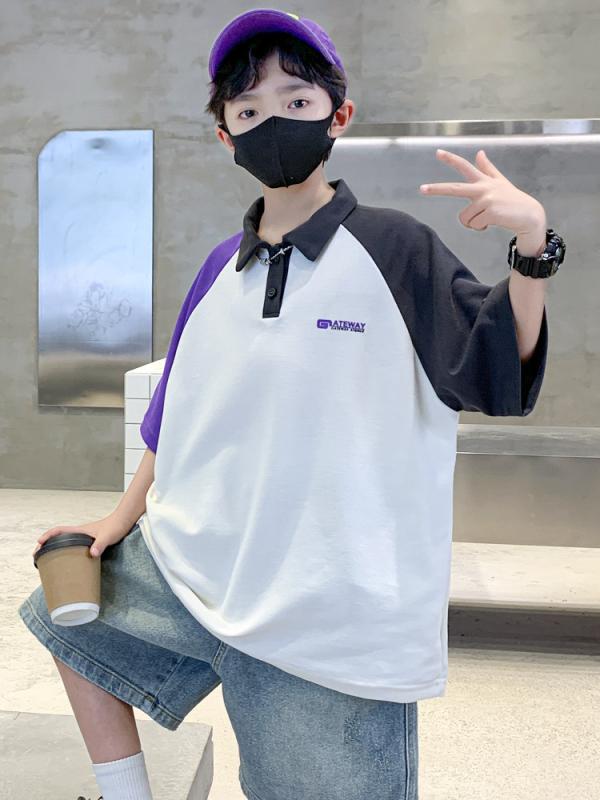 男の子 半袖 ポロシャツ ゆったり 夏 コントラストカラー 綿 吸湿速乾 プリント 紫 緑 トップス 休闲 ..