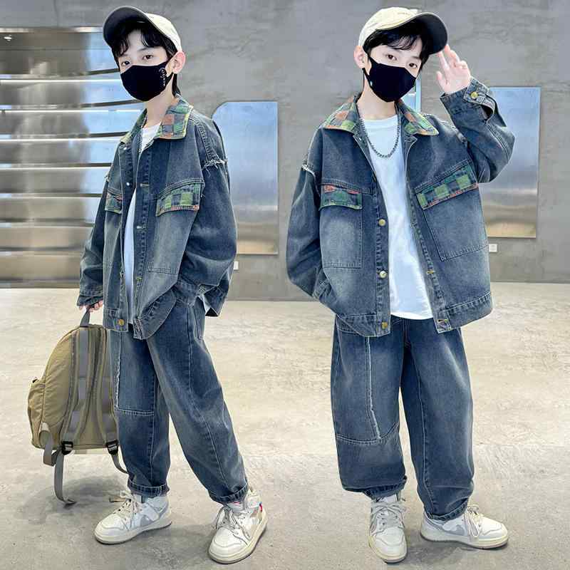 男の子 デニム 2点セット 長袖 長パンツ 春秋 綿 素材 ストライプ 純色 アルファベット パターン 青 カ..