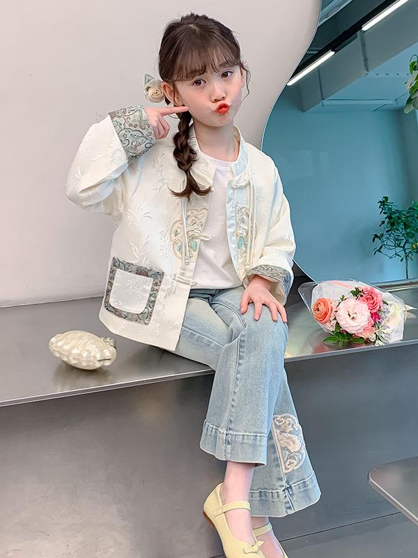 女の子 チャイナ風 ジュニア トップス パンツ セットアップ 春秋 長袖 長ズボン 綿混紡 柔らかい 酵素..