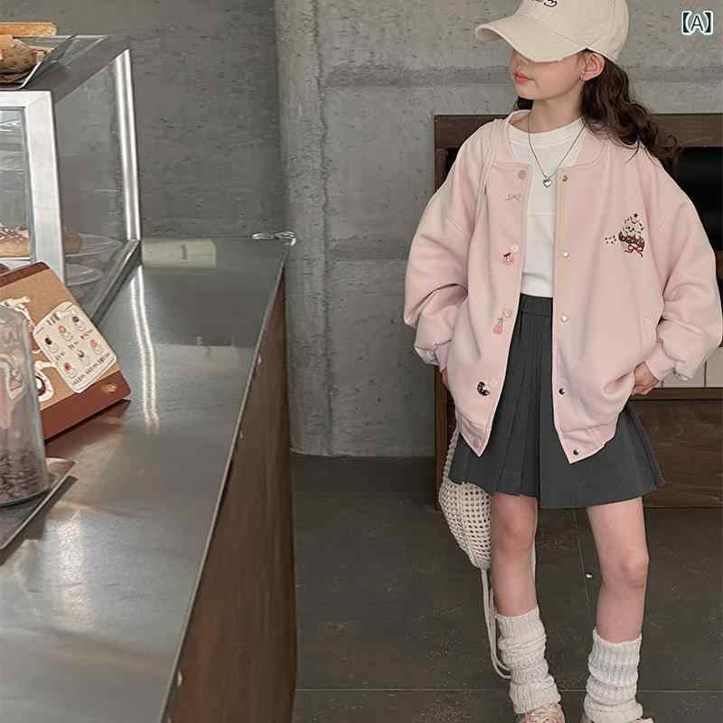 女の子 春 コート 野球ジャージ カジュアル 長袖 ジッパー ショート丈 ピンク コットン ポリエステル ..