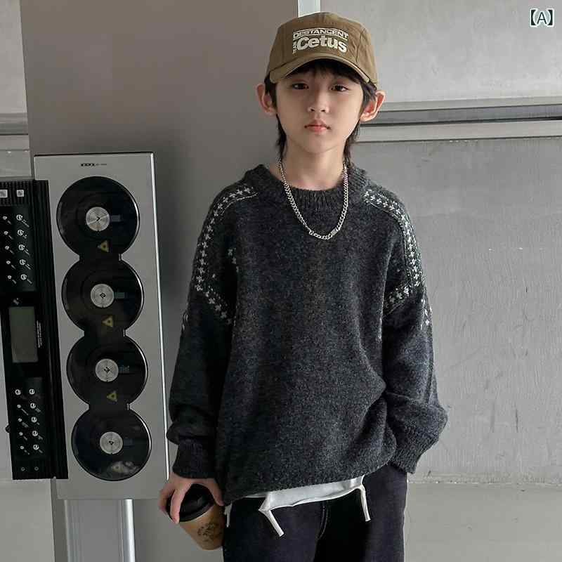 ニットセーター 男の子 冬 クルーネック 長袖 プルオーバー 柔らかい アクリル混 トレンド 個性 合わせ..