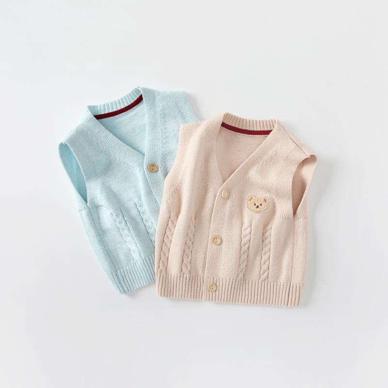 ベビー ニット ベスト 男の子 女の子 秋 綿 柔らか素材 開襟 卡通柄 グレー ブルー ベージュ 普段使い ..