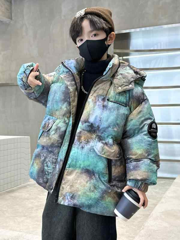 キッズ 男の子 冬用 綿服 コート 星空柄 加厚 ジャケット ポリエステル 柔軟素材 ジッパー フード付き 厚手 保温 トレンド カジュアル ストリートスタイル...