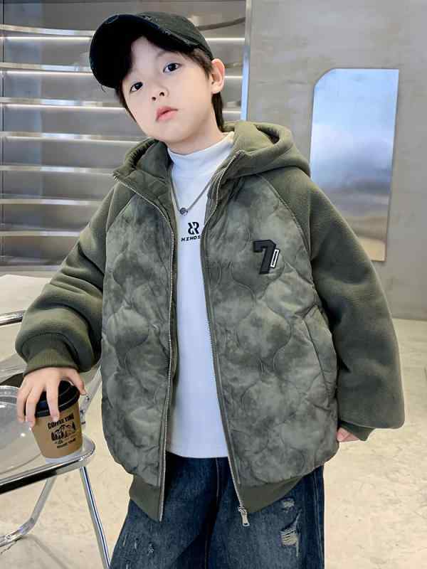 男の子 フード付き 中綿 コート 加厚 長袖 ショート丈 ポリエステル 冬 韓国 切り替え 抽象パターン 柔軟素材 暖か ストリートスタイル