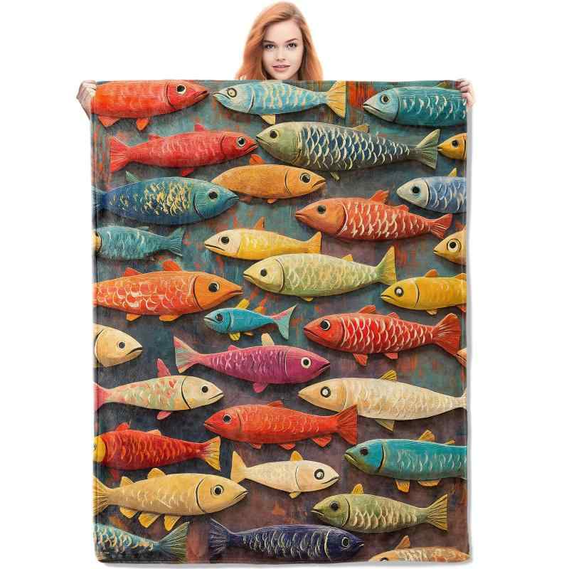 レディース フランネル 毛布 海洋 魚 柄 柔らかい 暖かい 軽量 ポリエステル 繊維 化繊 ブランケット ..