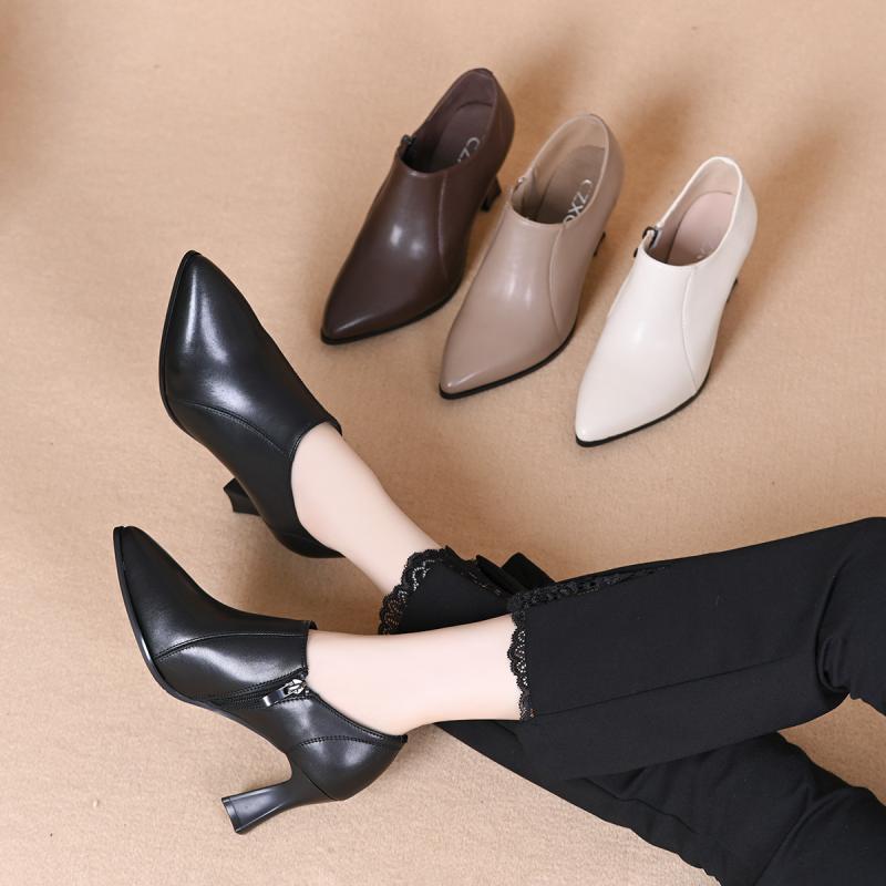 パンプス レディース ポインテッドトゥ チャンキーヒール サイドジッパー ディープカット 牛革 通勤 オ..