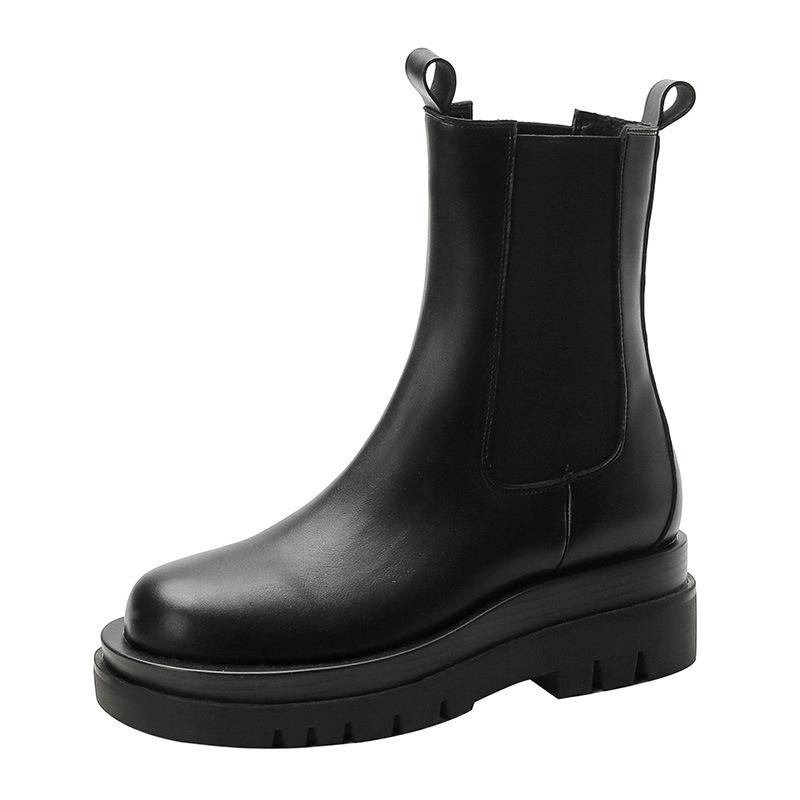 チェルシーブーツ レディース 本革 中筒 厚底 黒 秋冬 保暖 防滑 耐磨 イングリッシュスタイル 丸トゥ 粗跟 ゴム底 伸縮性 暖か 普段使い 通勤 ブーツ ミッドカット ブリティッシュ 女性用 靴 筒靴 スモークチューブ 暖房 滑り止め 耐久性 英国