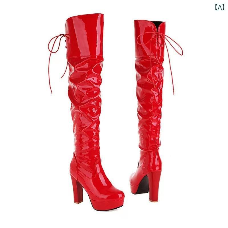 レディース オーバーニー ブーツ ラウンドトゥ チャンキーヒール 超高ヒール パテントレザー 合成皮革 ..