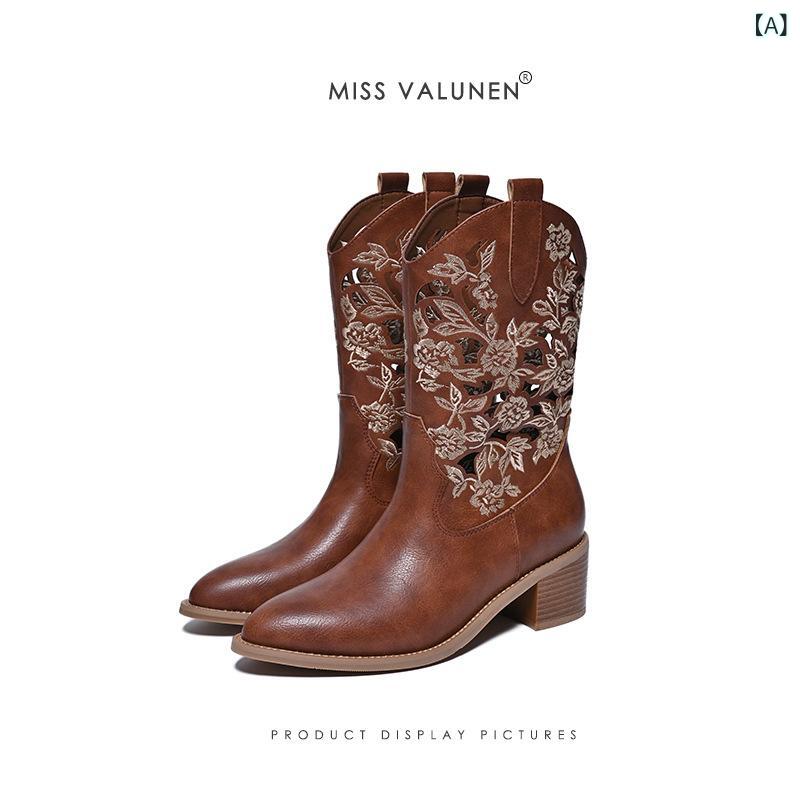 レディース 短ブーツ カウボーイ 刺繍 透かし 牛革 尖頭 粗中跟 通気性 耐久性 クッション ブラウン 春..
