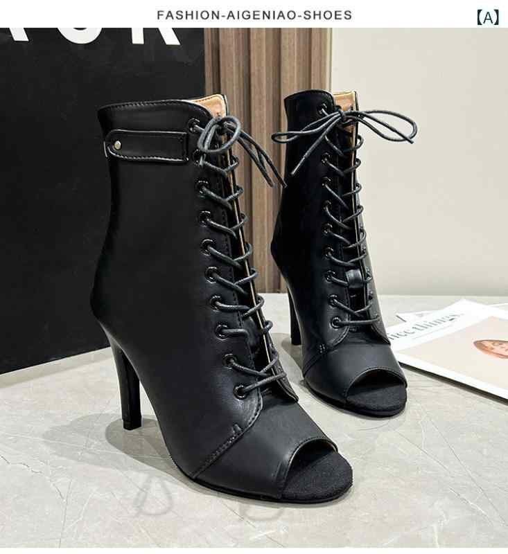 クールシューズ レディース 夏 オープントゥ 細ヒール 紐締め アンクル ダンス ハイヒール 黒 合成皮革 伸縮性 軽量 サイドジッパー 欧米スタイル