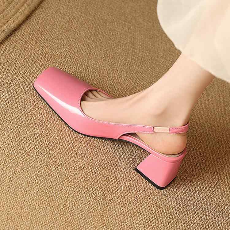 レディース サンダル スクエアトゥ トゥキャップ バックオープ エナメルレザー ミッドヒール チャンキーヒール シンプル ブラック ローズ ゴールド