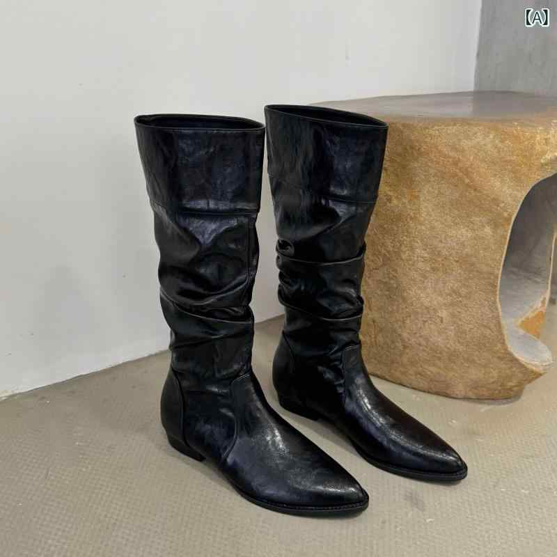 騎士ブーツ レディース ポインテッドトゥ インソール高さ プリーツ加工 フラットヒール ロング丈 合成皮革 滑り止め 保温 耐摩耗 フィット感 ストリートスタイル 秋冬 黒 ブラウン アイボリー