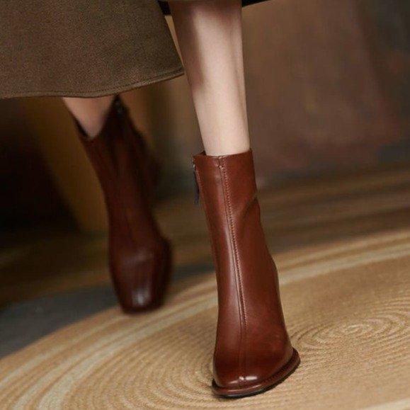 レディース アンクルブーツ 粗ヒール スクエアトゥ ミドルヒール サイドジッパー 合成皮革 シンプル ファッション 秋冬 ブラック ブラウン 軽量 伸縮性 普段使い 通勤