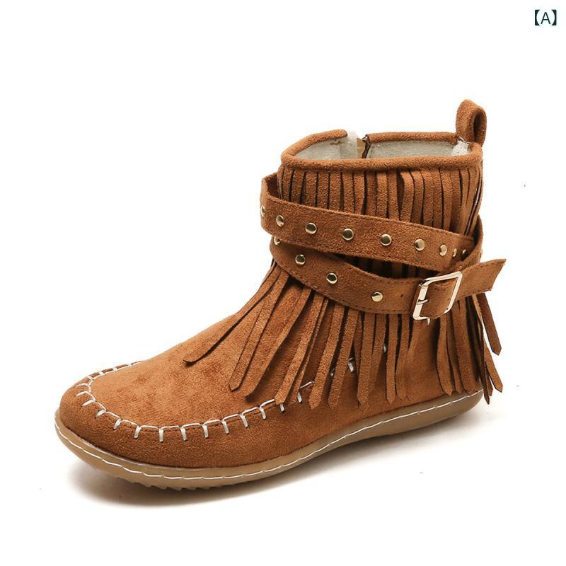 アンクルブーツ レディース タッセル フリンジ スタッド フラットソール ローヒール ラウンドトゥ カジュアル 合成皮革 耐摩耗 秋冬 ブラック ダークブラウン オフホワイト 普段使い