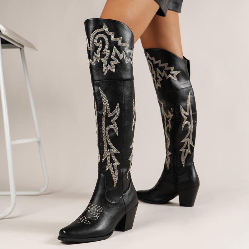 レディース ロングブーツ 過膝 サイドジッパー PUレザー スクエアトゥ チャンキーヒール 黒 ウエスタンスタイル 騎士ブーツ カウボーイ風 防滑 耐摩耗 軽量 通勤 普段使い アウトドア