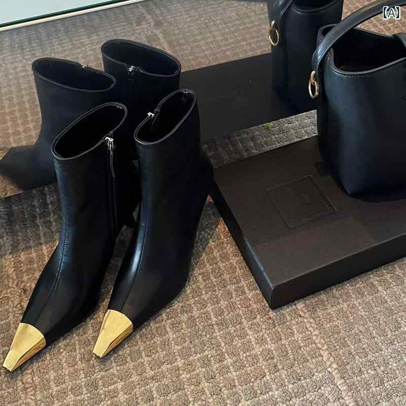 レディース スクエアトゥ 細ヒール アンクルブーツ サイドジッパー 金属装飾 合成皮革 ハイヒール 黒 快適 軽量 通勤 ビジネススタイル 伸縮性 ゴム底