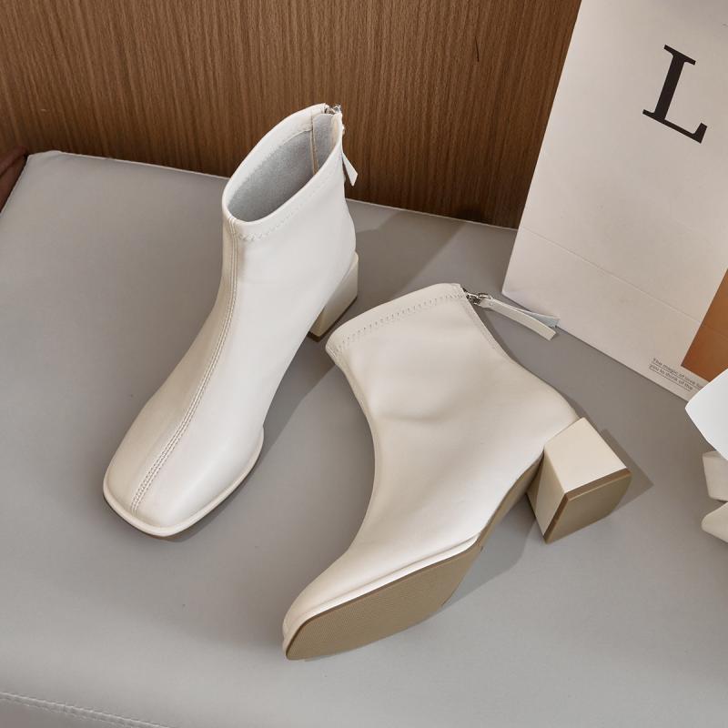 チェルシーブーツ レディース 秋冬 黒 スクエアトゥ チャンキーヒール ハイヒール アンクル インシュー 通気性 滑り止め 耐摩耗 合成皮革 ラバーソール サイドジップ 暖か裏地 韓国 普段使い