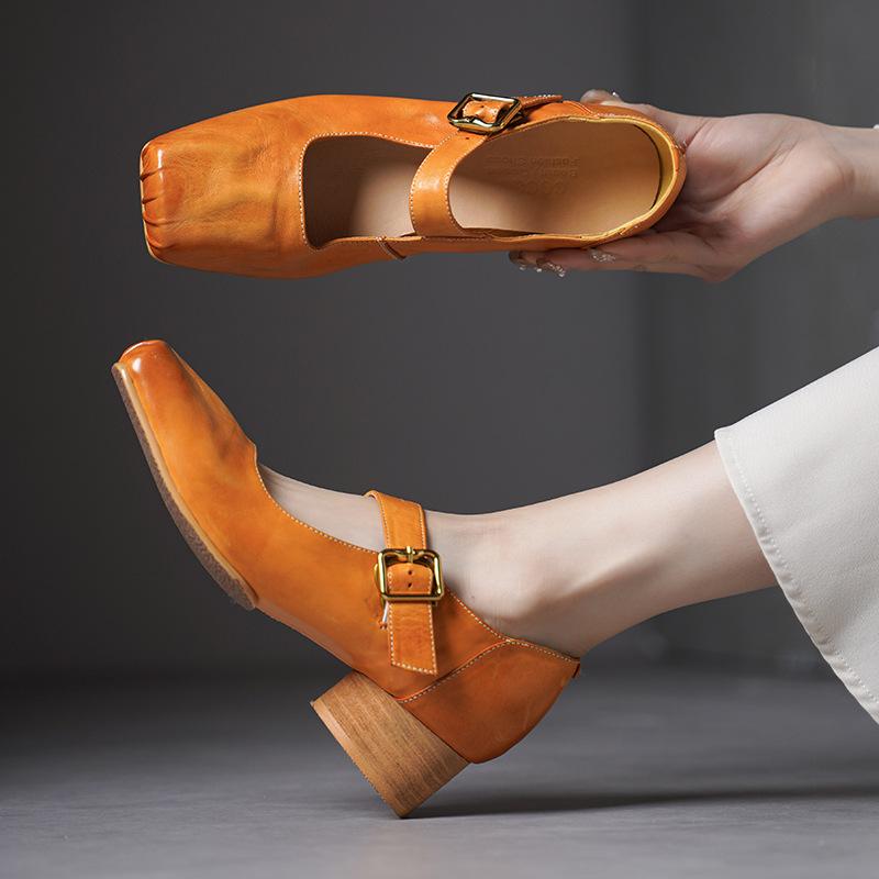 シューズ レディース スクエアトゥ ストラップ チャンキーヒール 低めヒール 合成皮革 豚皮内張り ゴム底 レトロ ストライプ柄 ダンスシューズ テニスシューズ 運動用 春夏秋 黒 ピンク 黄