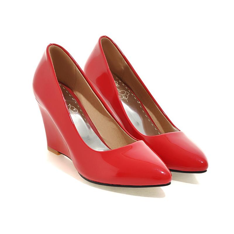 レディース ウェッジソール ローカット パンプス シンプル エナメル PU レザー ラウンドトゥ ハイヒー..