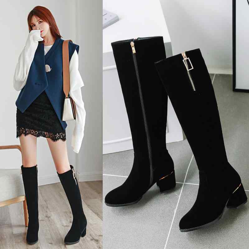 レディース 秋冬 ライダーブーツ ロングブーツ 粗ヒール 中ヒール スエード素材 黒 丸頭 サイドジッパー 暖か 人工ファー ライニング ..