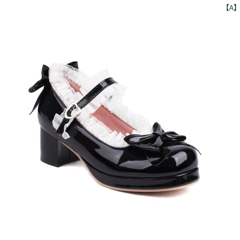 レディース パンプス プリンセス スタイル リボン レース フリル キャンディ カラー ラウンドトゥ PU ..