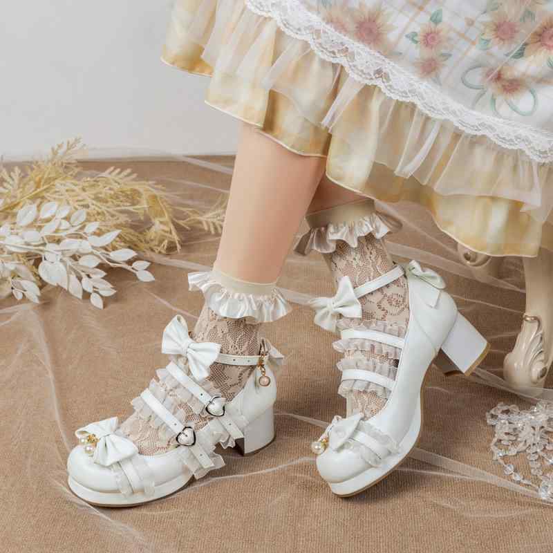 レディース ミドルヒール パンプス 厚底 ローモスト 丸頭 リボン レース 装飾 かわいい プリンセス ス..