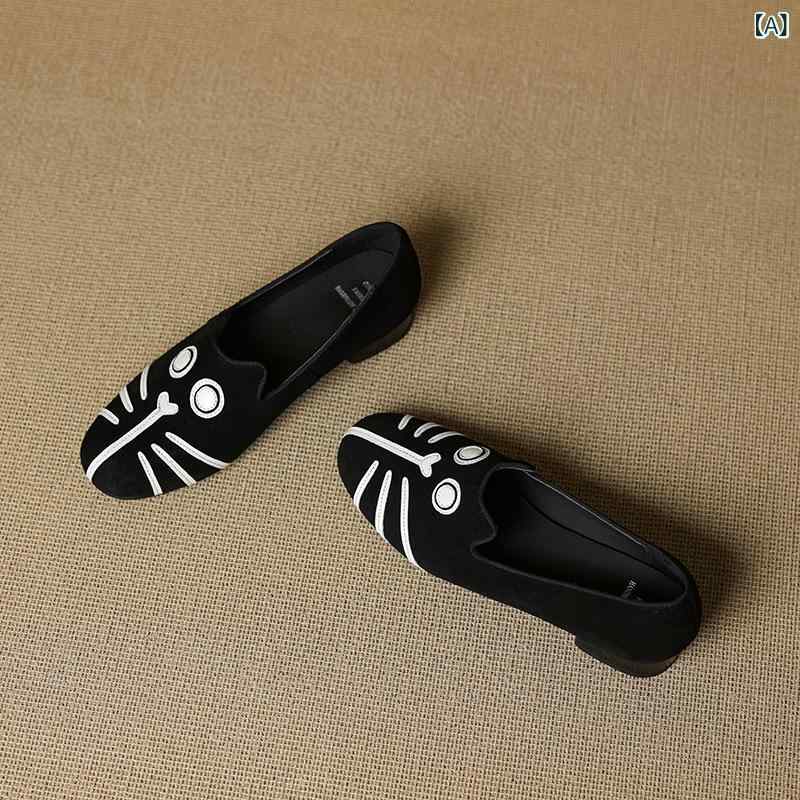 ローファーシューズ 女性用 妊婦用 猫 犬 モチーフ 羊革 フラット ラウンドトゥ カジュアル スリッポン 低ヒール 春夏秋 ブラック ブラウン ピンク