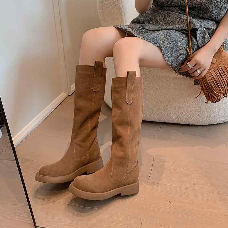 ライダーブーツ レディース 牛革 ラウンドトゥ 厚底 チャンキーヒール プルオン ロング丈 ステッチ イ..