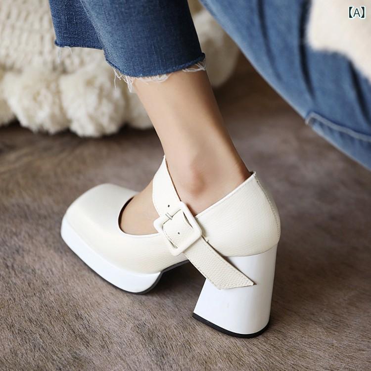 レディース スクエアトゥ チャンキーヒール パンプス ベルクロ ストラップ 合成皮革 ローカット 春夏秋..