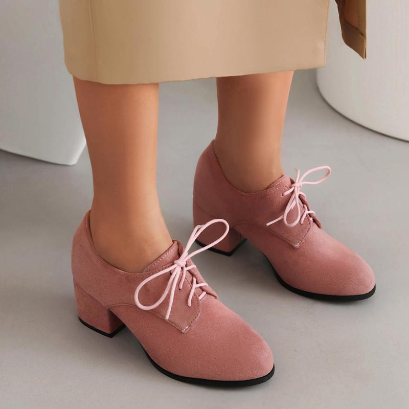 フラットシューズ レディース ベルベット素材 ブリティッシュスタイル レースアップ ラウンドトゥ チャンキーミドルヒール ローカット 春秋 黒 ピンク カーキ 保温性 合成繊維 ラバーソール