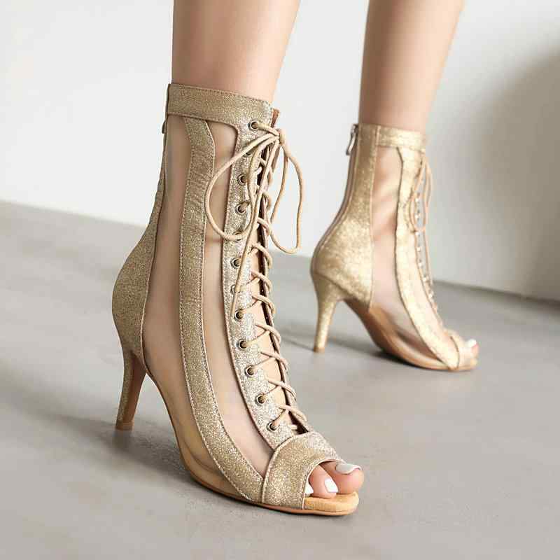 レディース サンダル 魚嘴型 スパンコール 細ヒール 高ヒール ジャズダンスシューズ メッシュ 夏用 カ..