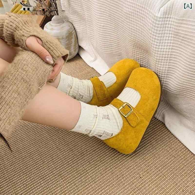 メアリージェーンシューズ レディース 妊婦用 フラットシューズ ローファー ローカット ラウンドトゥ スエード素材 ソフトソール 滑り止め バックル式 普段使い スイートスタイル レトロ 春夏 黄 栗 カーキ