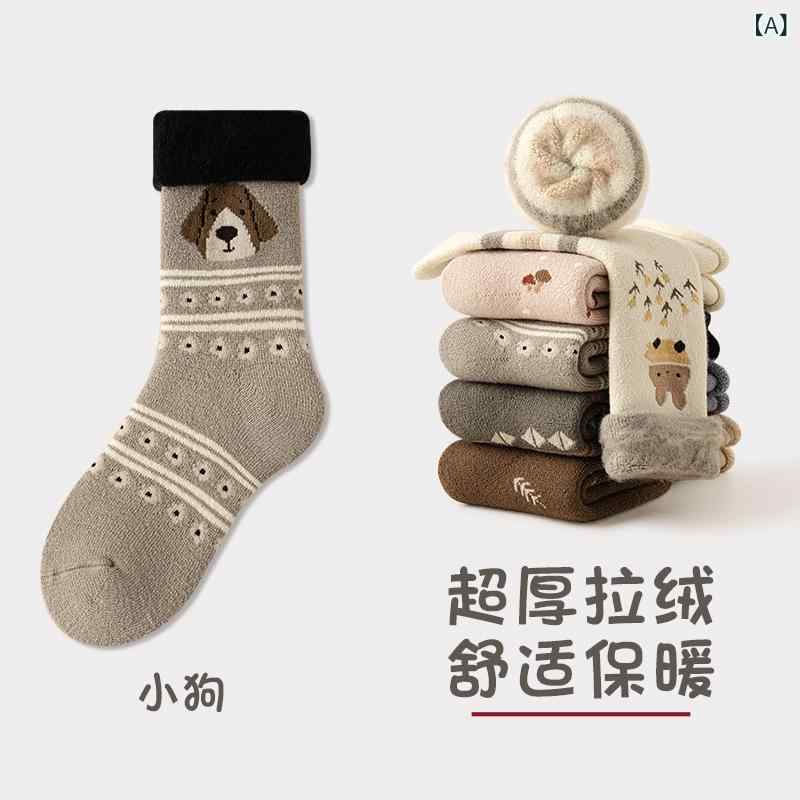 レディース かわいい カートゥーン調柄 厚手 起毛 折り返し ミドルカット 靴下 冬 保暖 吸汗 アクリル ..