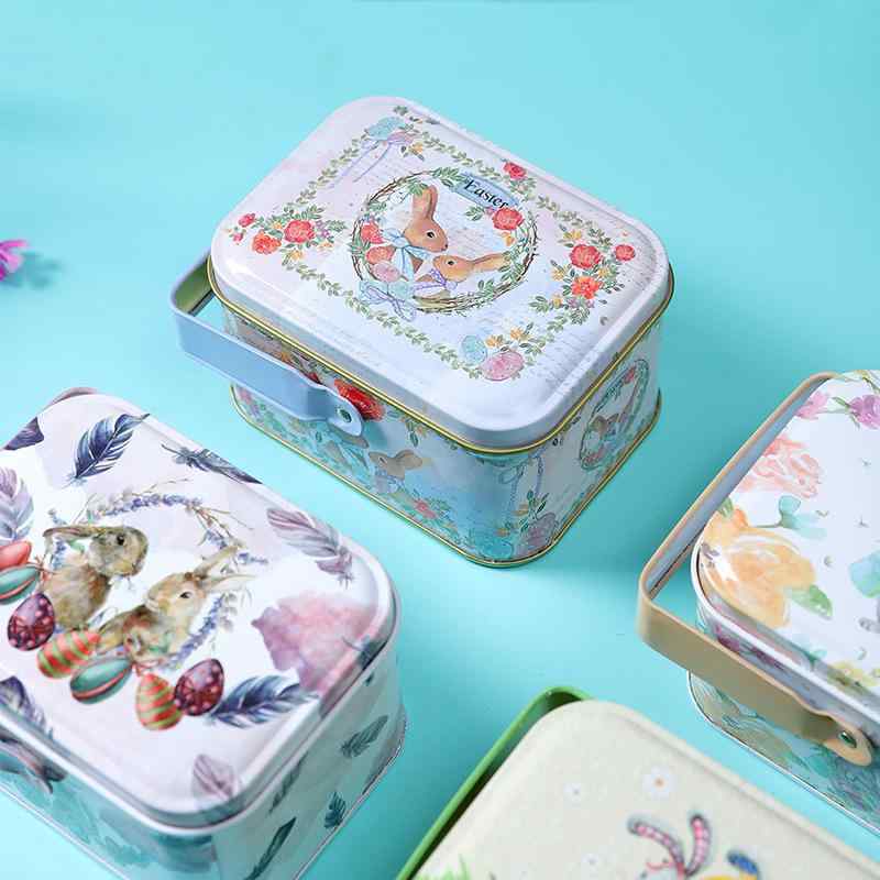 包装ボックス 収納ボックス ギフトボックス イースター 復活祭 うさぎ モチーフ ブリキ 金属 取っ手付き 方形 UV印刷 汎用 お菓子 キャンディー チョコレート 手土産 引き出物 プレゼント(3)