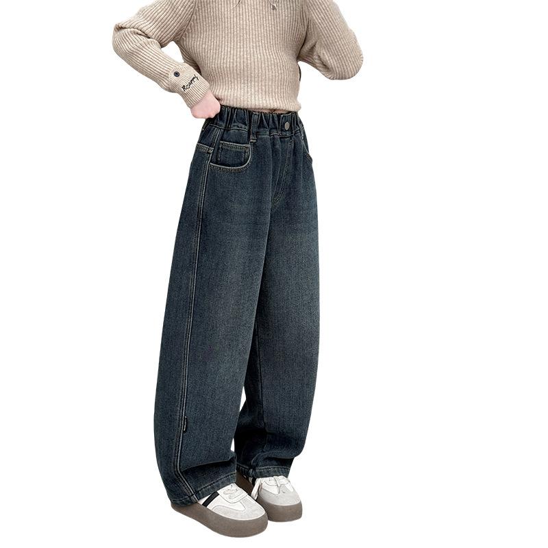 デニムパンツ キッズ 男の子 女の子 冬用 厚手 ストレート 綿素材 カジュアル ネイビー 普段使い 伸縮..