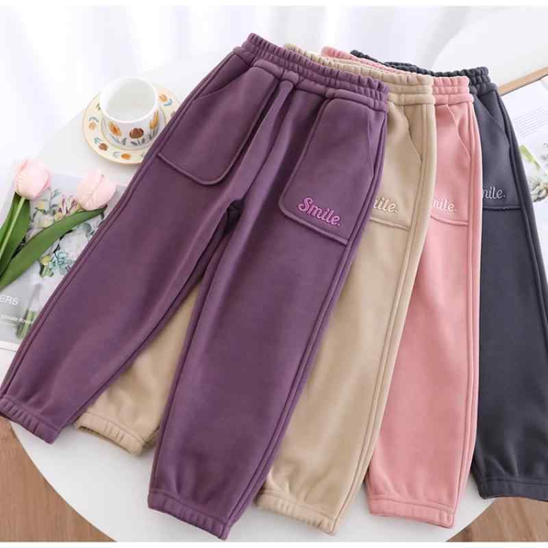女の子 秋冬 暖か フリース カジュアルパンツ 綿 スポーツ 刺繍 紫 藍灰 粉 中腰 ロング 子供 保温 厚手 普段使い