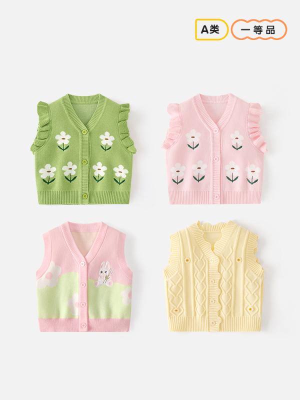 女の子用 ノースリーブ ニット ベスト Vネック 花柄 綿 トップス 春秋 かわいい プリンセス ライトピン..