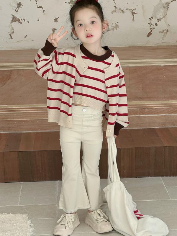 女の子 ニット カーディガン ベスト セット ストライプ 柄 コントラストカラー レトロ ショート丈 無袖..