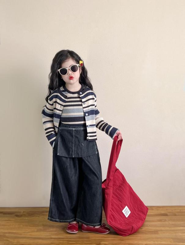 女の子 春秋 韓国 カジュアル 紺 ストライプ ニット カーディガン ベスト 2点セット フリンジ ワイドレ..