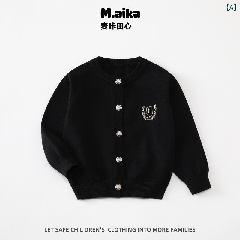 ニット カーディガン 男の子 女の子 秋冬 カジュアル 刺繍 子供服 黒 灰 ビスコース 素材 クルーネック..