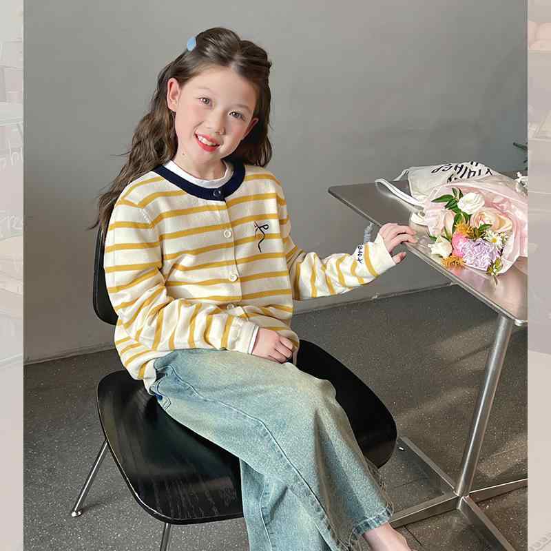 女の子 ニット カーディガン ストライプ 柄 長袖 セーター 切り替え トップス 春 ライトイエロー 柔ら..