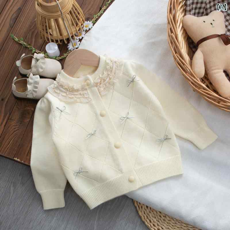 女の子 キッズ カーディガン チェック柄 蝶結び フリル 丸首 長袖 コットン かわいい 柔らかい 秋冬 米白 ピンク 淡紫 2