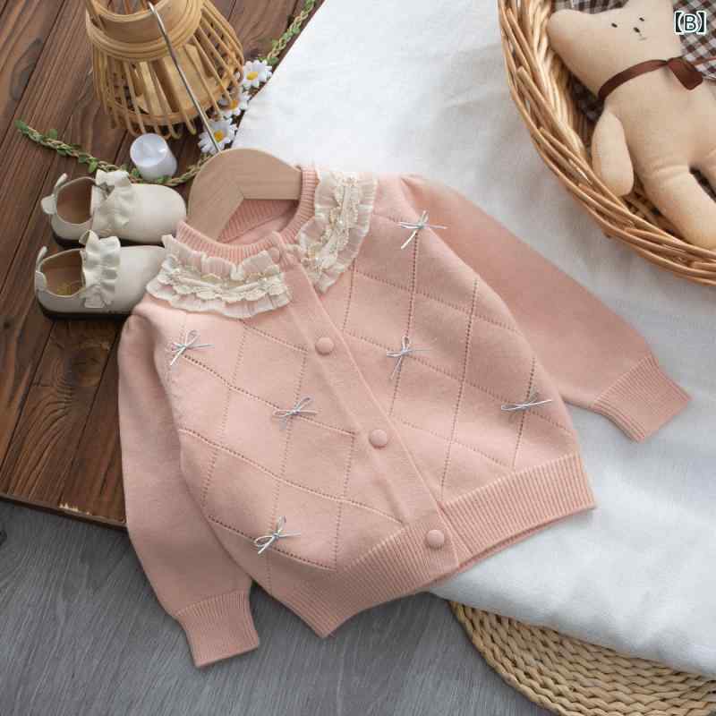 女の子 キッズ カーディガン チェック柄 蝶結び フリル 丸首 長袖 コットン かわいい 柔らかい 秋冬 米白 ピンク 淡紫 3