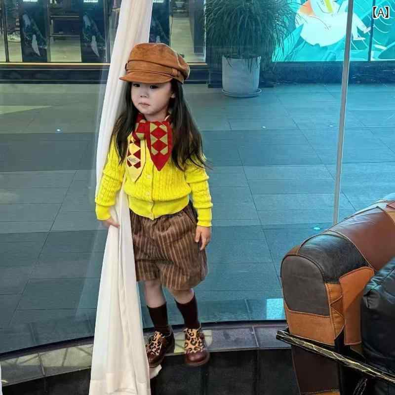 女の子 長袖 ニット カーディガン 刺繍 黄色 コットン 柔らかい 素材 ショートパンツ ストライプ パタ..