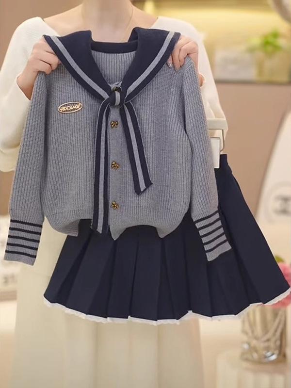 女の子 ジュニア 韓国 スクールスタイル セーラーカラー 長袖 ニット カーディガン アウター 厚手 プリ..